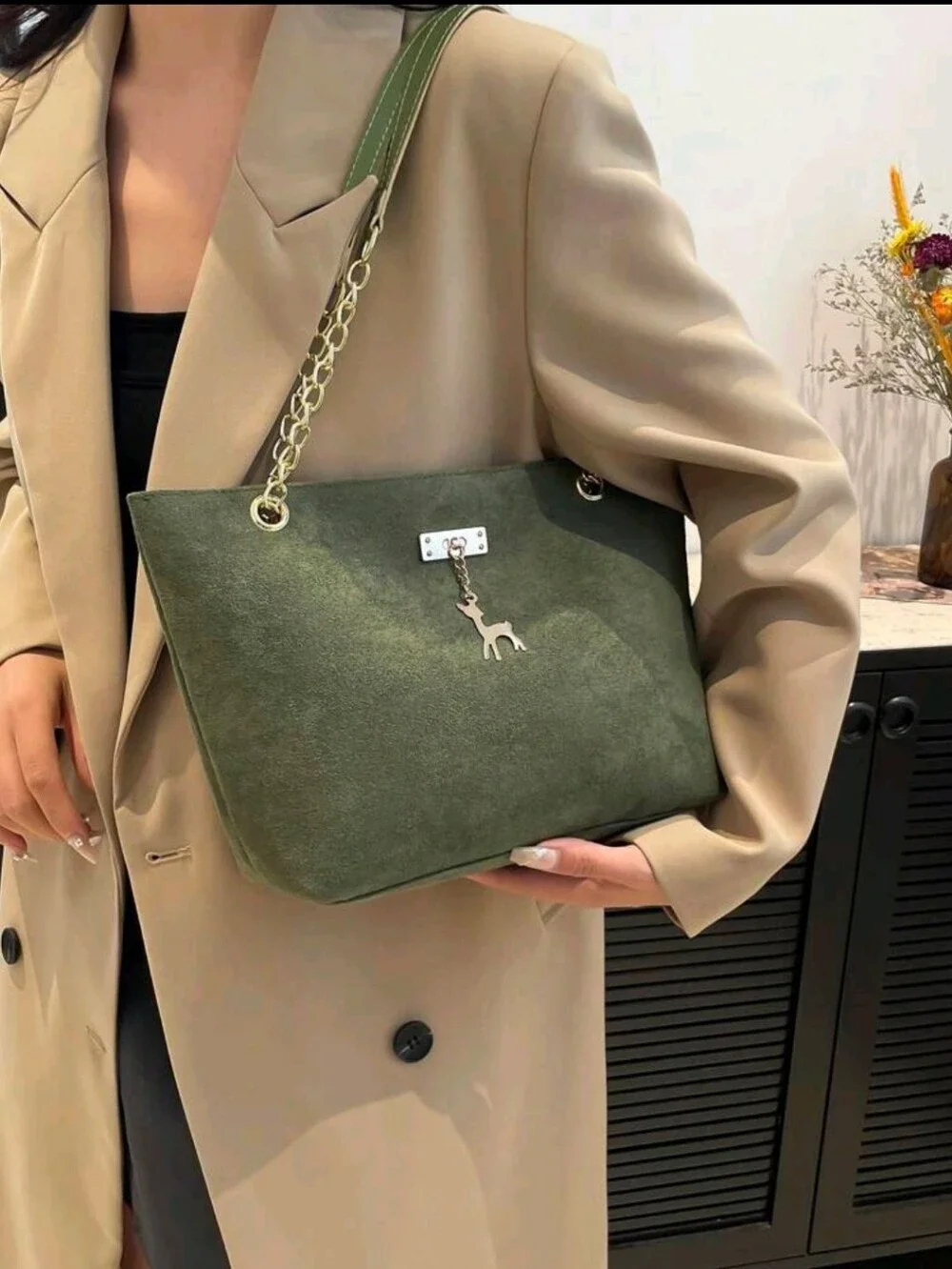 Fashionable Plaid Chain Embroidery Versatile Dual Handle Tote Shoulder Bag For